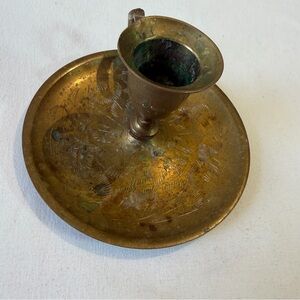 MCM Vintage Etched Brass Short Taper Candle Holder w/ finger ring India